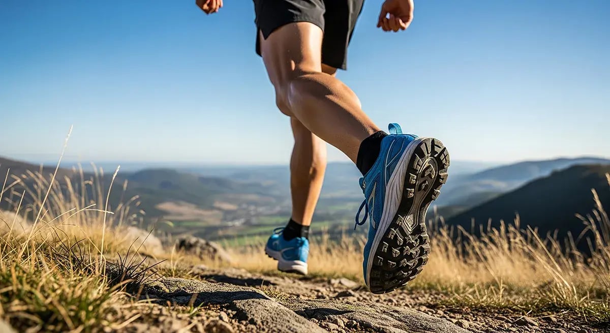View of man's legs while hiking in the desert