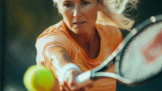 Active senior woman playing tennis, demonstrating physical fitness and healthy lifestyle benefits for bone and joint health.